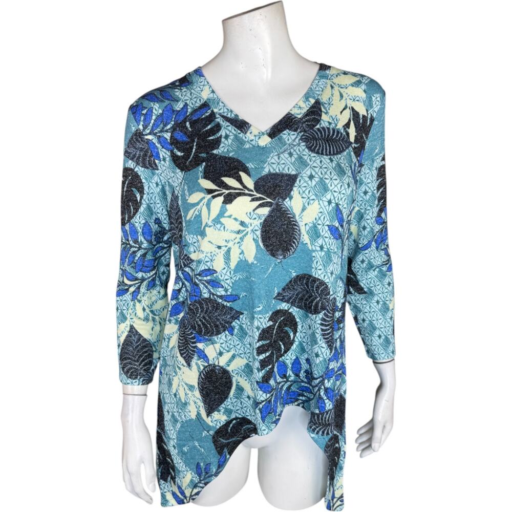 ATTITUDES by Renée XXS Blue Tropical V-Neck High-Low‎ Knit Top Rayon Blend